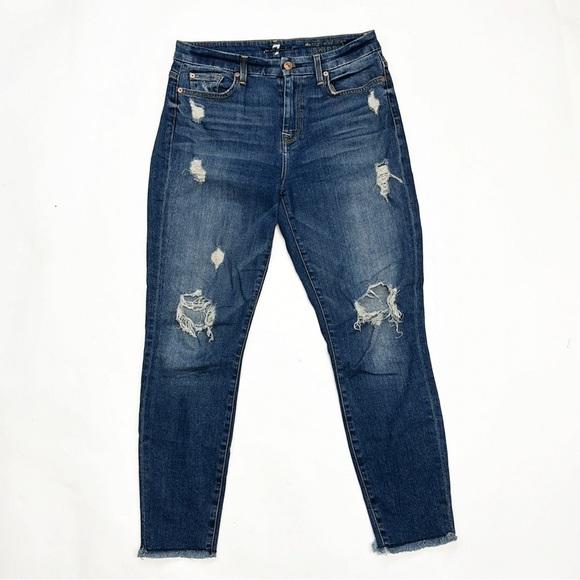 7FAM The High Waist Ankle Skinny Leg Raw Hem Destroyed Designer Denim Jeans - Picture 1 of 16